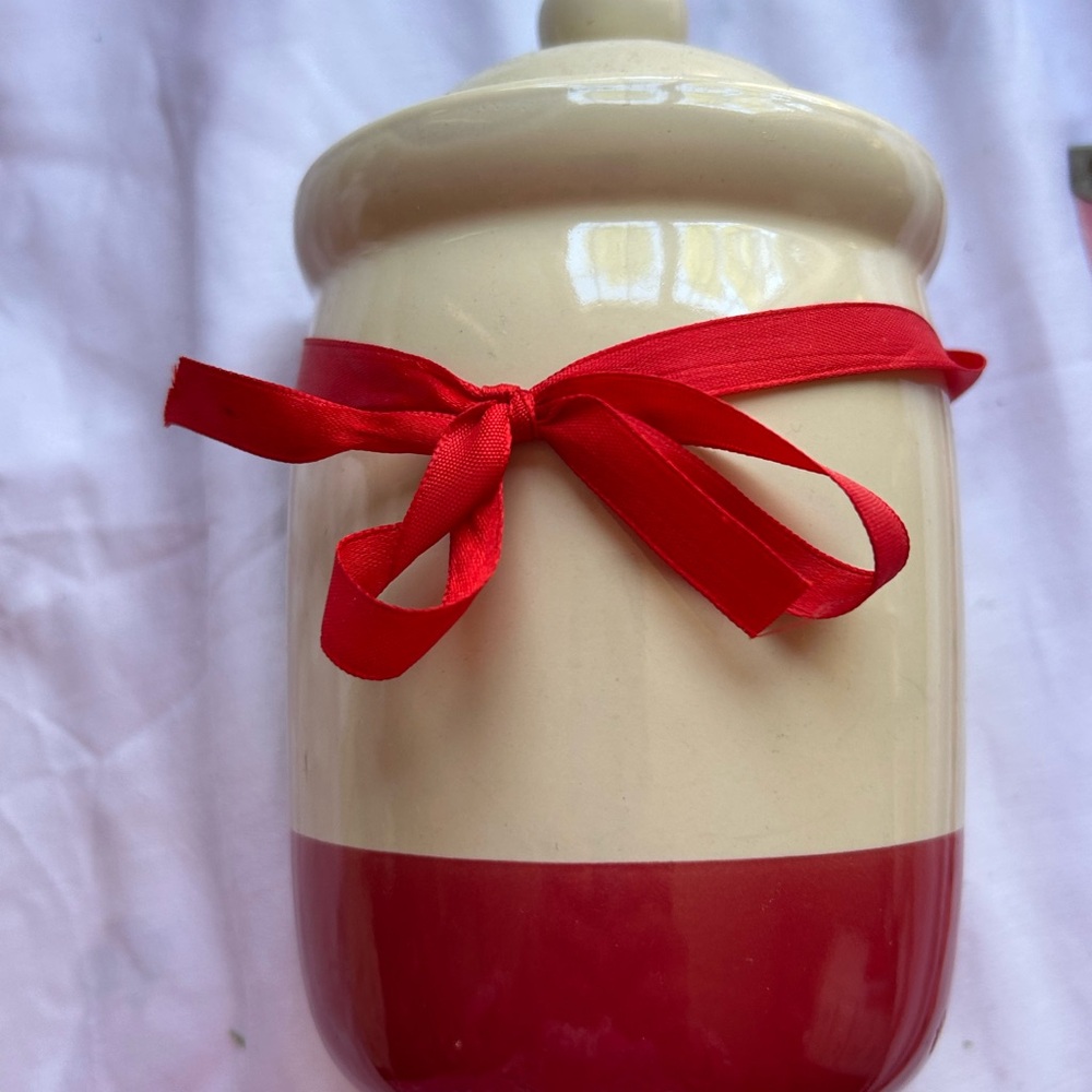 Red and Cream Ceramic Jar with Ribbon